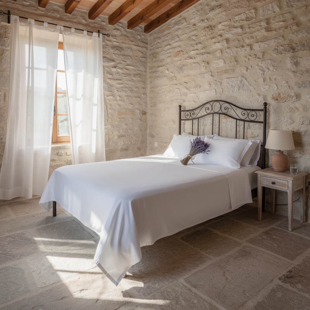 Chambre d'hôtes élégante avec linge blanc immaculé dans une maison en pierre