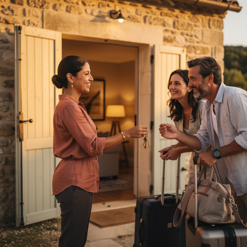 Concierge remettant les clés à des voyageurs devant un mas provençal