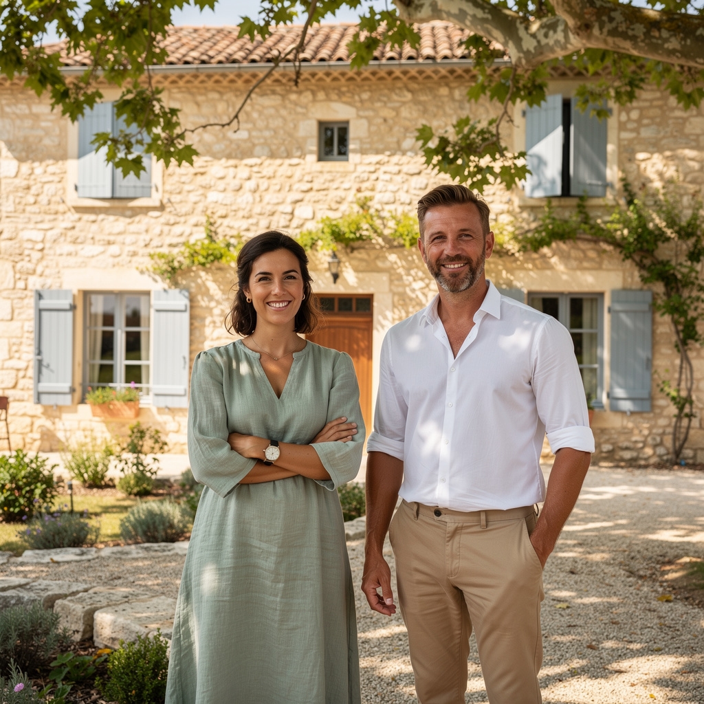 L'équipe Pentolix devant un mas provençal en pierre dans le Luberon