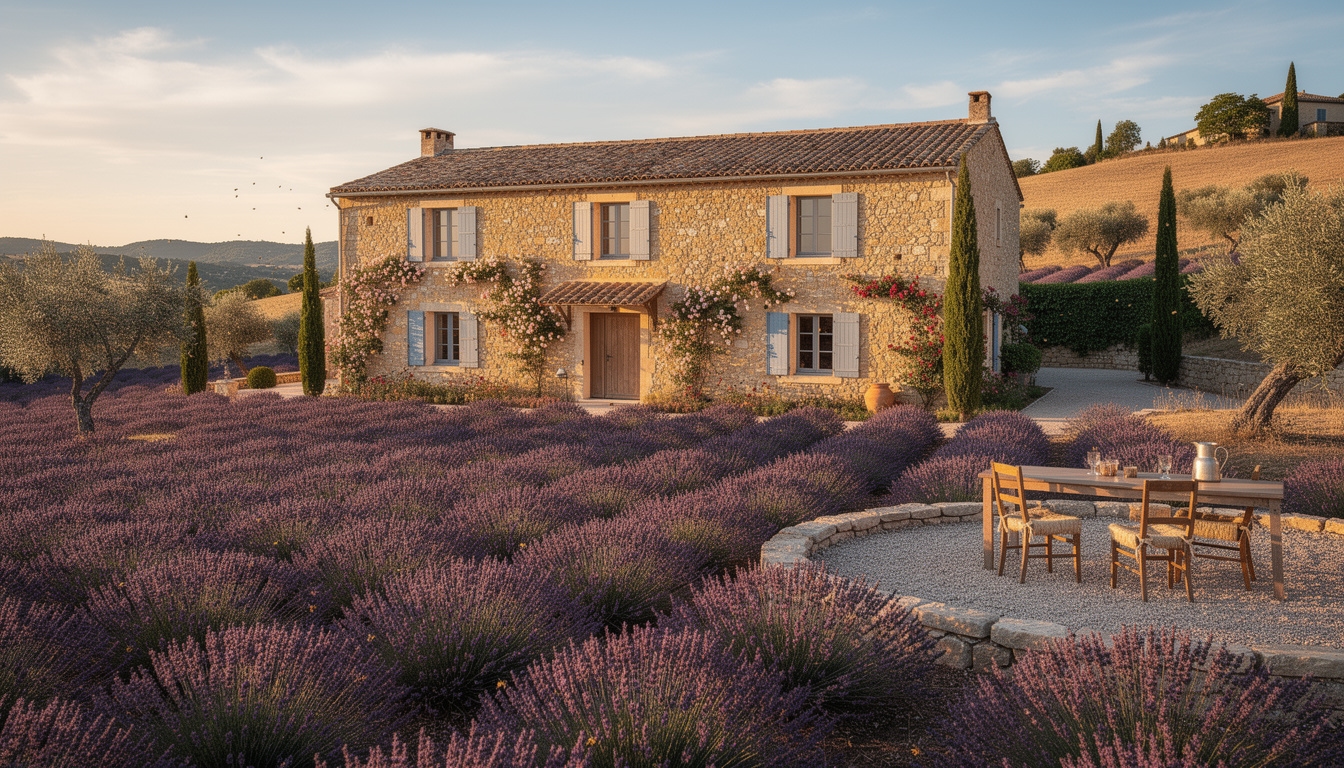 Façade d'un gîte en pierre en Provence avec volets bleus et lavande