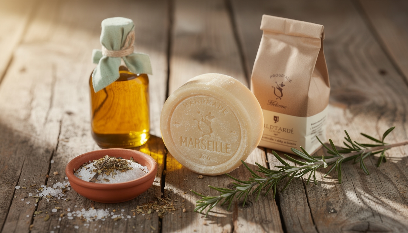 Panier de produits d'accueil provençaux savon huile d'olive et café posé sur une table en bois